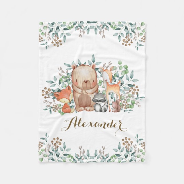 Whimsical Woodland Animals / Modern Forest Nursery Fleece Blanket (Front)