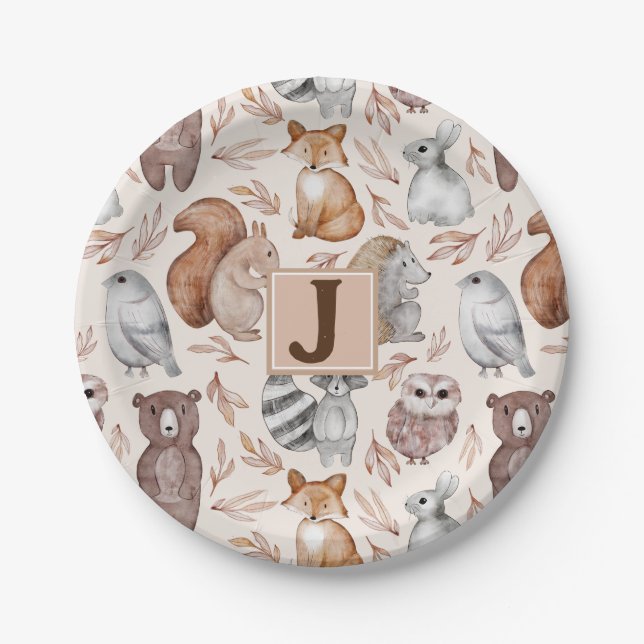 Whimsical Woodland Animals Monogram Party Paper Plates (Front)