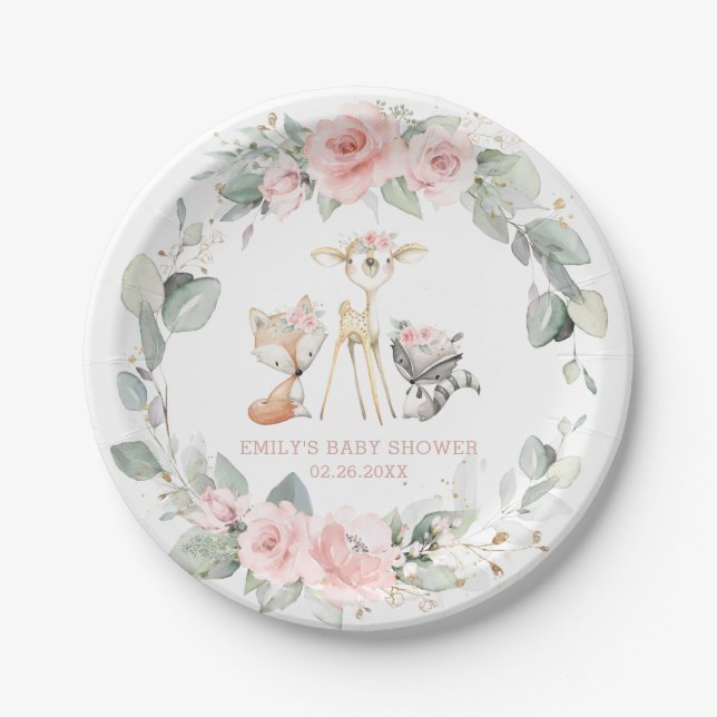Whimsical Woodland Animals Pink Floral Baby Shower Paper Plates (Front)