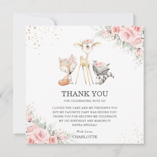 Whimsical Woodland Animals Pink Floral Birthday Thank You Card