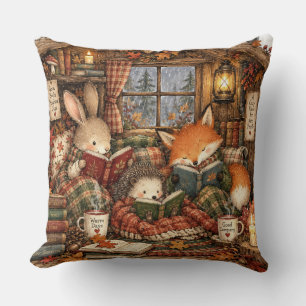 Whimsical Woodland Animals Reading by Window Throw Pillow