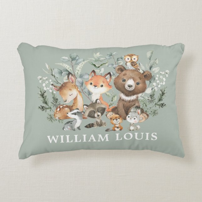 Whimsical Woodland Animals Sage Greenery Nursery Accent Pillow (Front)