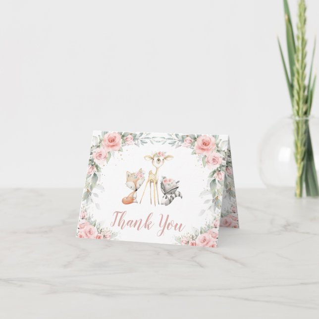 Whimsical Woodland Animals Soft Blush Floral Baby  Thank You Card (Front)