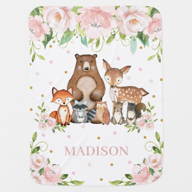 Whimsical Woodland Animals Soft Pink Blush Floral Baby Blanket (Front)