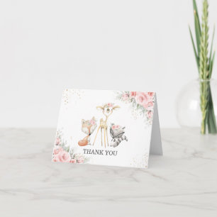 Whimsical Woodland Animals Soft Pink Floral Baby Letterpress Thank You Card