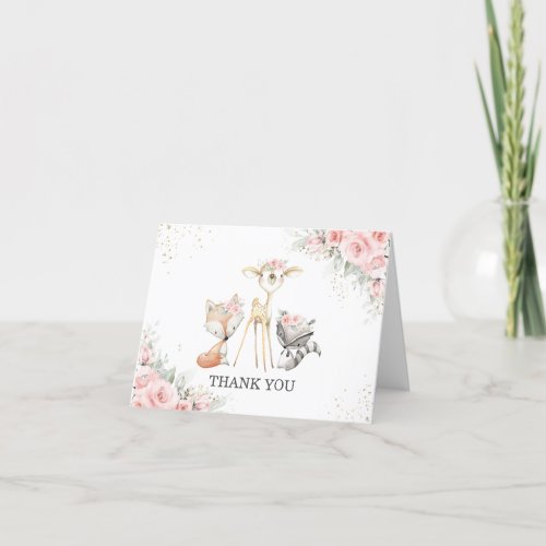 Whimsical Woodland Animals Soft Pink Floral Baby Thank You Card