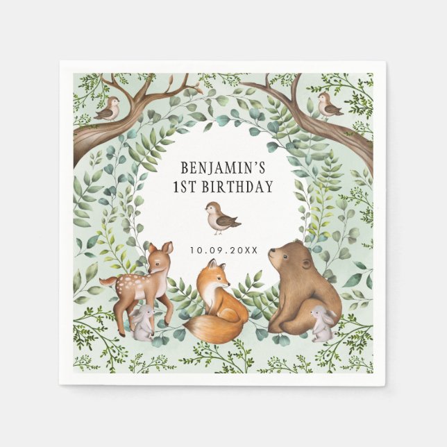 Whimsical Woodland Animals Wild One 1st Birthday Napkins (Front)