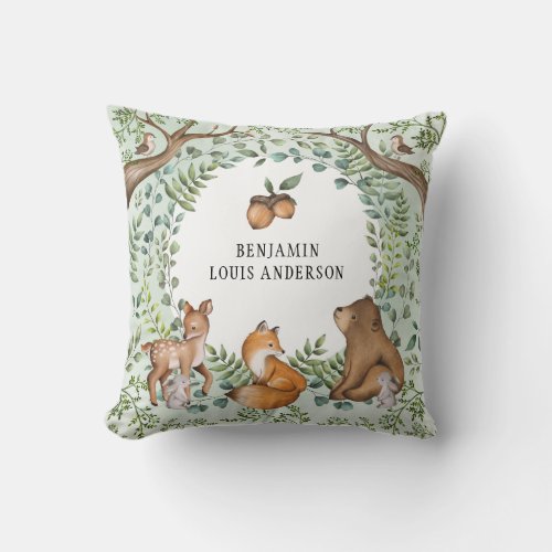 Whimsical Woodland Baby Animals Forest Greenery  Throw Pillow