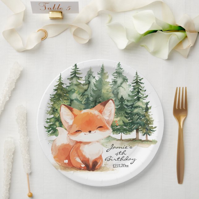 Whimsical Woodland Baby Fox 4th Birthday Paper Plates (Wedding)