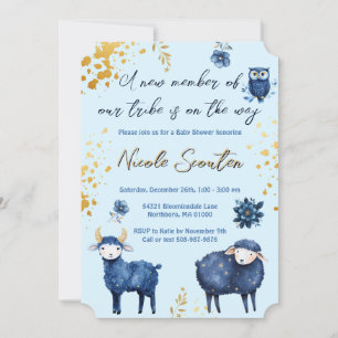 Whimsical Woodland Blue Gold Baby Shower Invitation