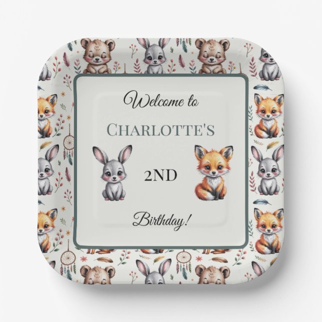 Whimsical Woodland Boho Birthday Name Paper Plates (Front)