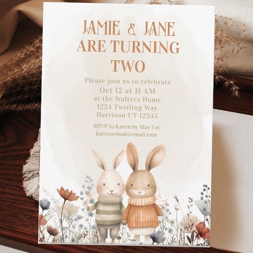 Whimsical Woodland Bunny Twin Double Birthday Invitation