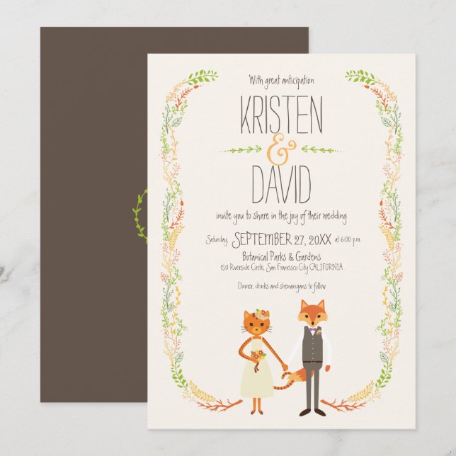 Whimsical Woodland Cat & Fox Couple Wedding Invitation (Front/Back)