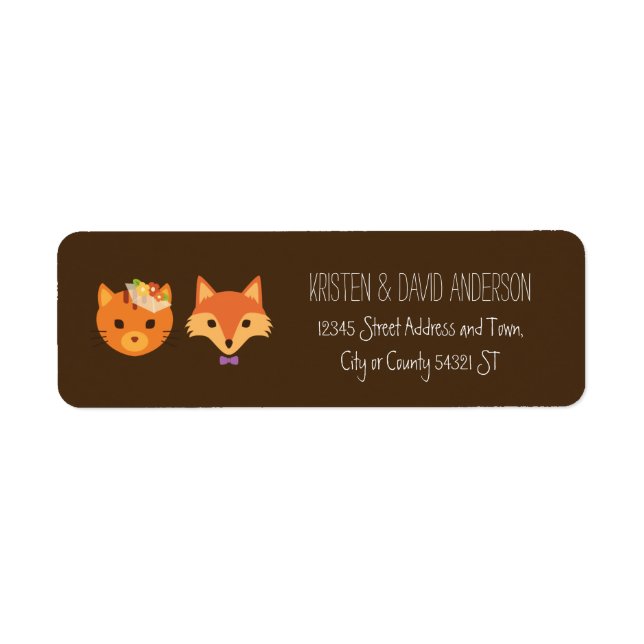 Whimsical Woodland Cat & Fox Couple Wedding Label (Front)