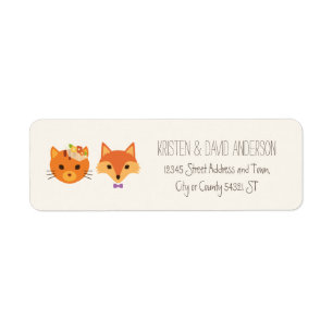 Whimsical Woodland Cat & Fox Couple Wedding Label