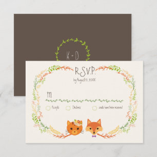 Whimsical Woodland Cat & Fox Couple Wedding RSVP Card