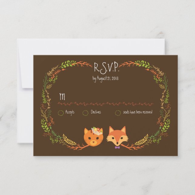 Whimsical Woodland Cat & Fox Couple Wedding RSVP Card (Front)