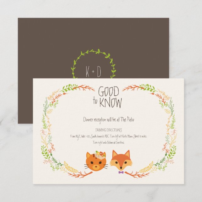 Whimsical Woodland Cat & Fox  Wedding Enclosure Card (Front/Back)
