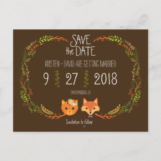 Whimsical Woodland Cat & Fox wedding Save the Date Announcement Postcard