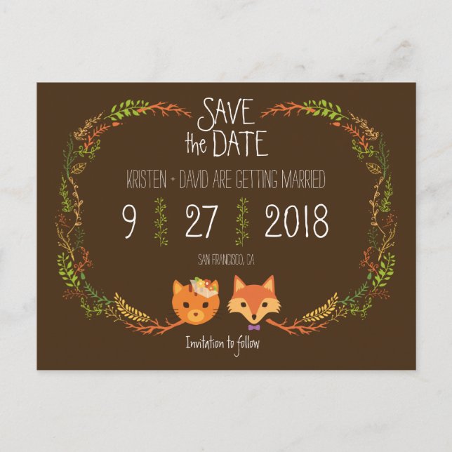 Whimsical Woodland Cat & Fox wedding Save the Date Announcement Postcard (Front)