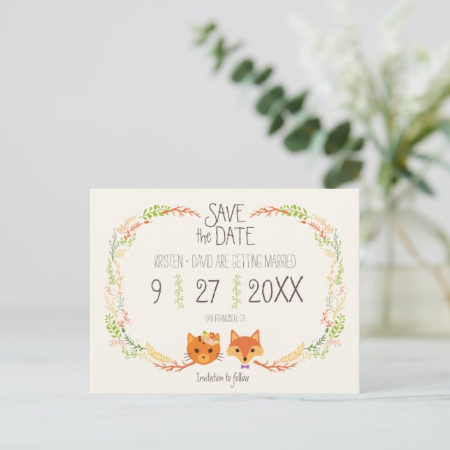 Whimsical Woodland Cat & Fox wedding Save the Date Announcement Postcard (Standing Front)