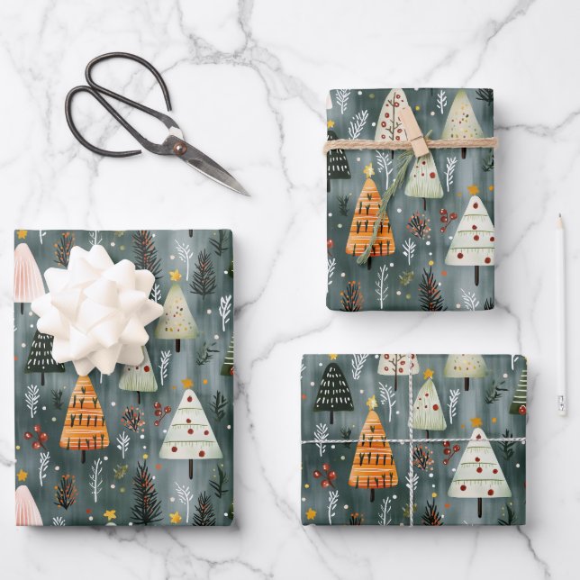 Whimsical Woodland Christmas Tree Forest Wrapping Paper Sheets (Front)