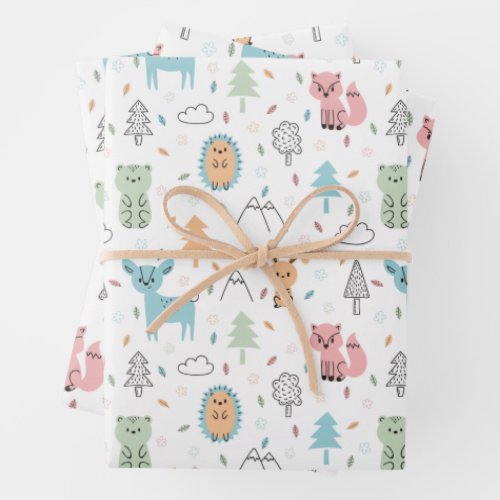 WHIMSICAL WOODLAND CREATURES DOODLE  WRAPPING PAPER SHEETS