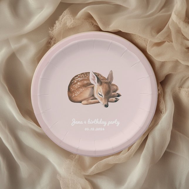 Whimsical Woodland Deer Birthday Pink  Paper Plates (Creator Uploaded)