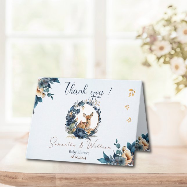Whimsical Woodland Deer Blue Floral Thank You Card (Creator Uploaded)