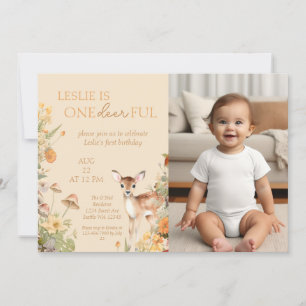 Whimsical Woodland Deer First Birthday Photo Invitation
