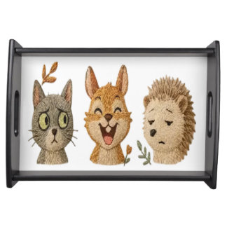 Whimsical Woodland Faces – Cute Embroidered Animal Serving Tray