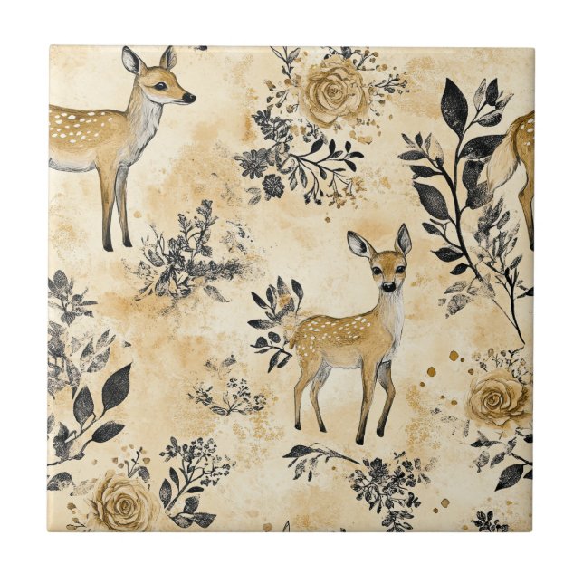 Whimsical Woodland Fawn Pattern Ceramic Tile (Front)