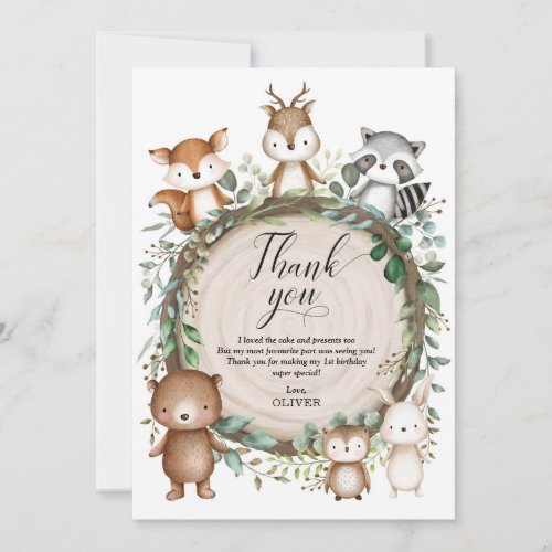 Whimsical Woodland Forest Animals Boy Birthday Thank You Card