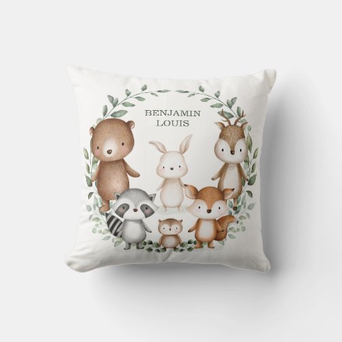 Whimsical Woodland Forest Animals Greenery Nursery Throw Pillow