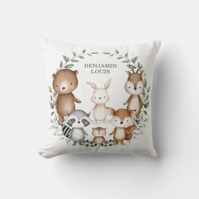 Whimsical Woodland Forest Animals Greenery Nursery Throw Pillow (Front)