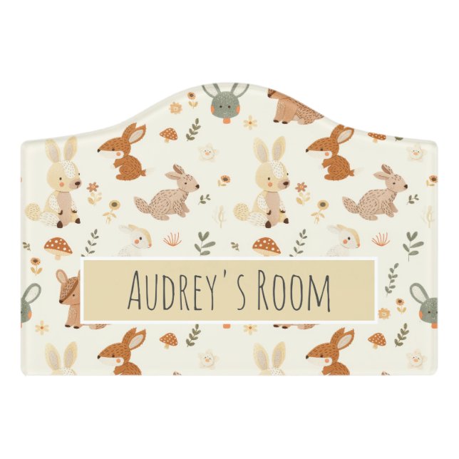 Whimsical Woodland Forest Animals Greenery Pattern Door Sign (Small Crest Front)