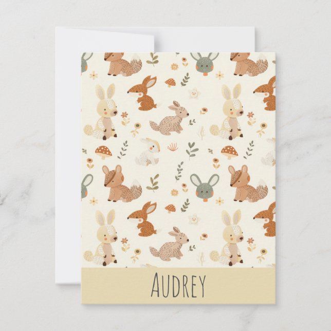 Whimsical Woodland Forest Animals Greenery Pattern Note Card (Front)