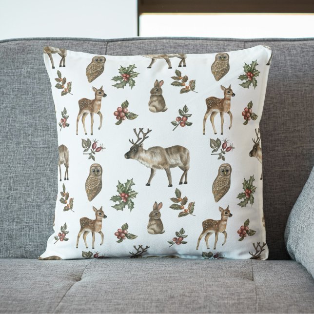 Whimsical Woodland Forest Animals Greenery Pattern Throw Pillow (Whimsical Woodland Forest Animals Greenery Pattern Pillow)