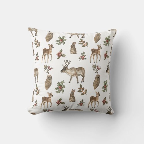 Whimsical Woodland Forest Animals Greenery Pattern Throw Pillow