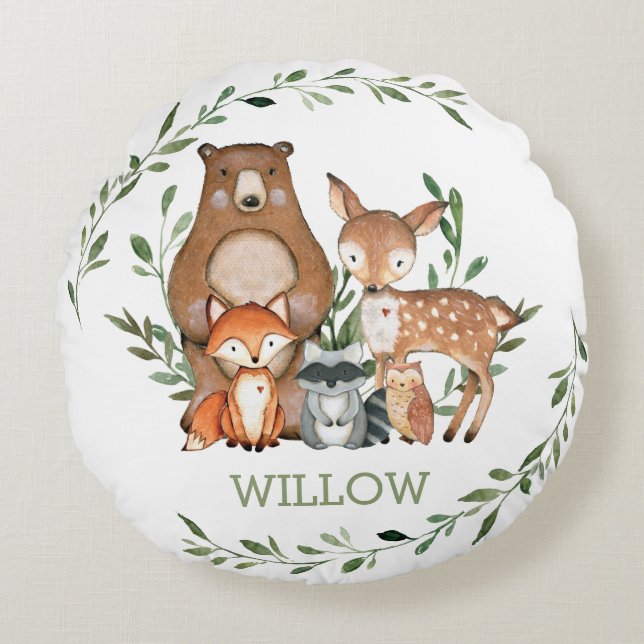 Whimsical Woodland Forest Animals Greenery Round Pillow (Front)