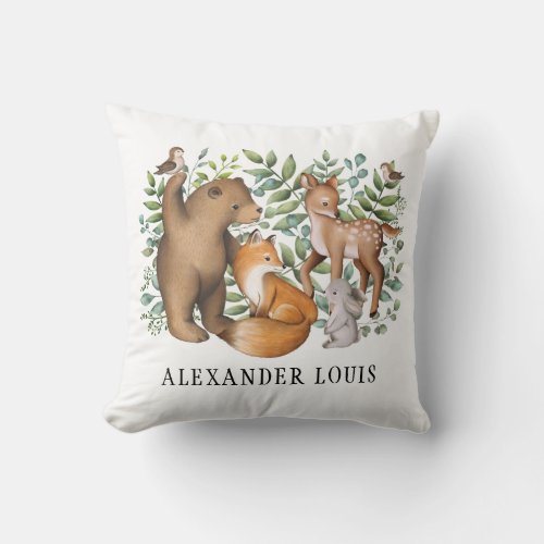 Whimsical Woodland Forest Animals Nursery Monogram Throw Pillow