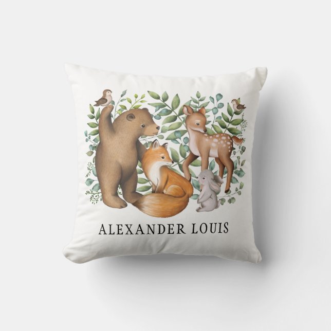Whimsical Woodland Forest Animals Nursery Monogram Throw Pillow (Front)