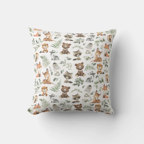 Whimsical Woodland Forest Animals Sage Greenery Throw Pillow