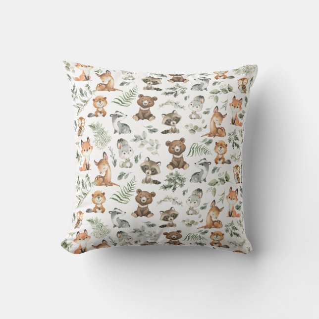 Whimsical Woodland Forest Animals Sage Greenery Throw Pillow (Front)