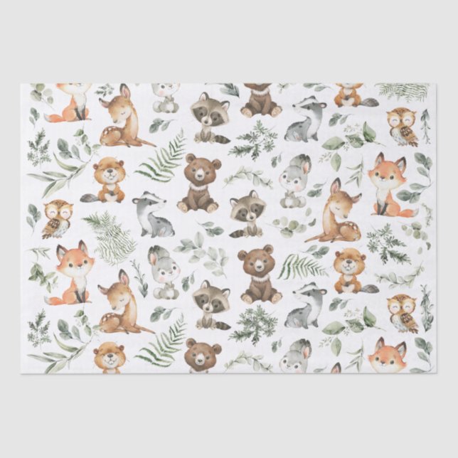 Whimsical Woodland Forest Animals Sage Greenery Tissue Paper (Front)