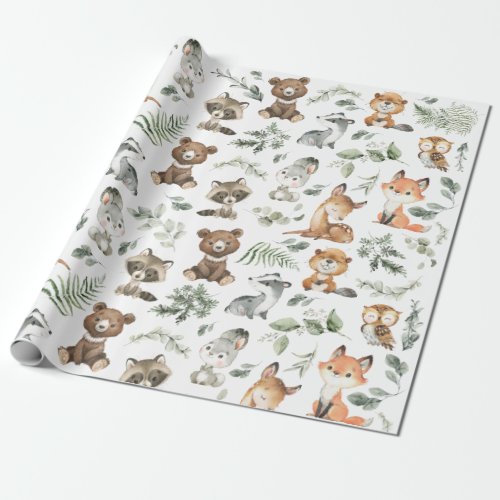 Whimsical Woodland Forest Animals Sage Greenery Wrapping Paper