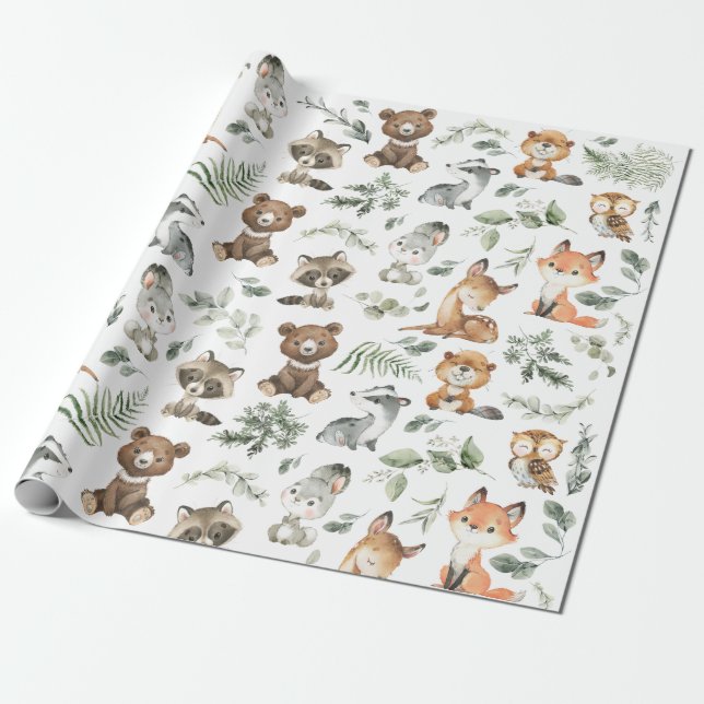 Whimsical Woodland Forest Animals Sage Greenery Wrapping Paper (Unrolled)