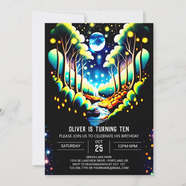 Whimsical Woodland Forest Fireflies Birthday Invitation (Front)