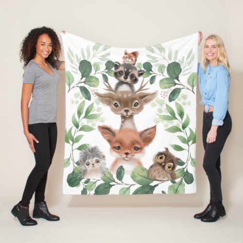 Whimsical woodland forest greenery baby animals fleece blanket