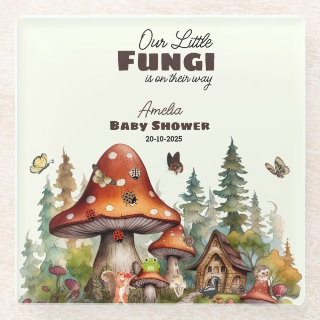 Whimsical Woodland  Forest Mushroom Baby Shower Glass Coaster (Front)